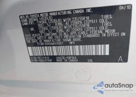 2010 Toyota Rav4 Sport z USA, uszkodzony, nr VIN 2T3RF4DV6AW049901